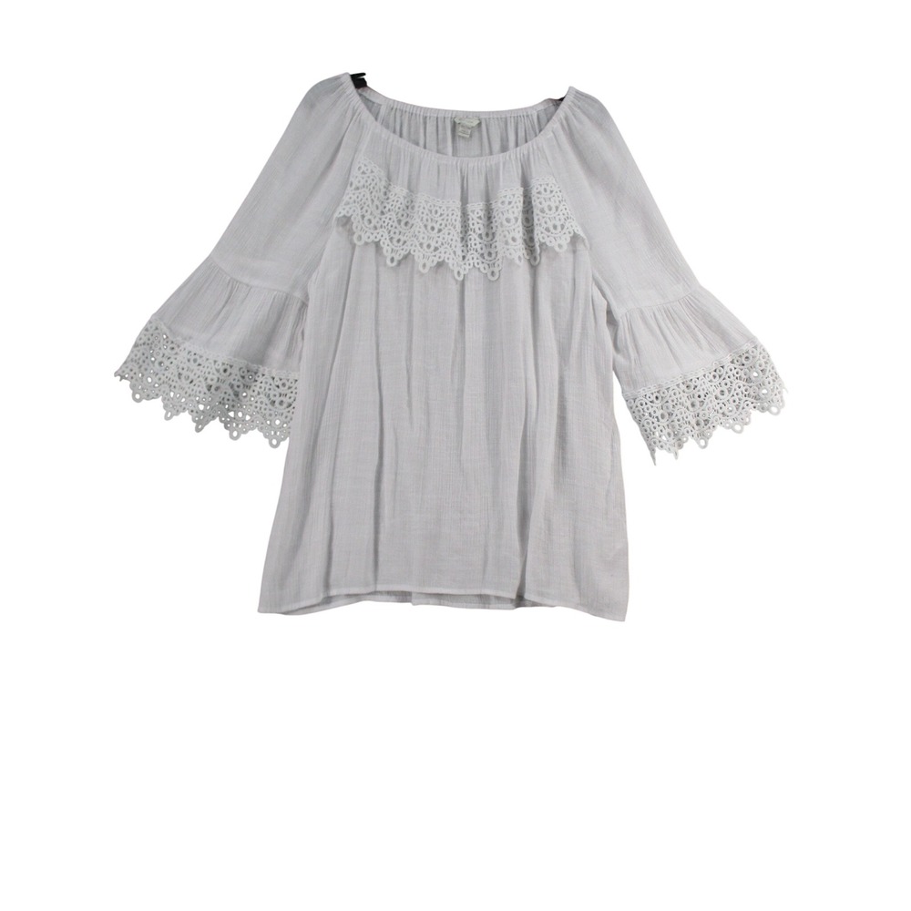 CJ Banks White Crochet Lace Trim Peasant‎ Blouse 3/4 Bell Sleeve Boho Top 18/20W